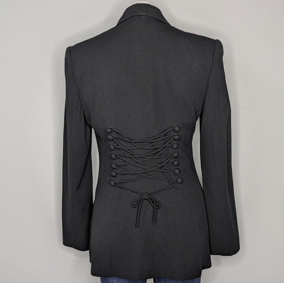 Vintage Alberto Makali Black Lace Up Back Button Up Front Suit Dress Jacket 8 - Picture 5 of 9